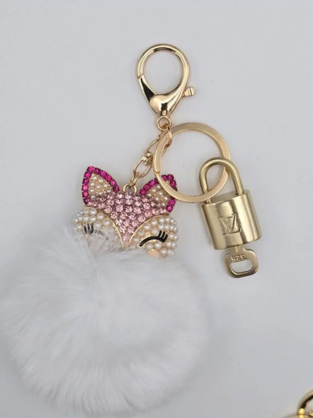 LV Authentic Gold Padlock 🔒 Key Set w/ Unbranded Fox Pom-pom Keychain Charm